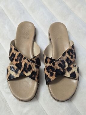 Vince Camuto Leopard Crossband Slide Sandals - Tan & Black